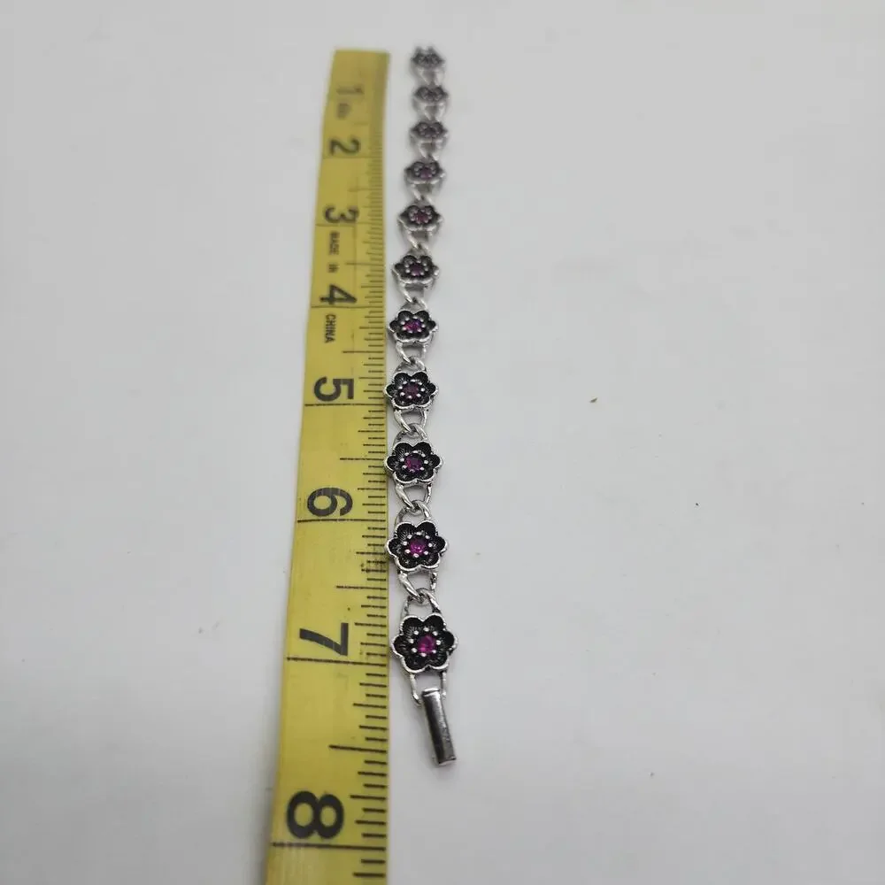 Vintage Avon Floral Link Bracelet Silver Tone Purple Rhinestone Flower 7.5